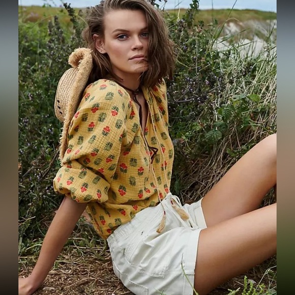 Porridge Anthropologie Yellow Print Elisabeth Boho Peasant Long Sleeve Blouse - Picture 1 of 9